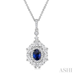 7x5 MM Oval Cut Sapphire and 1 Ctw Marquise, Baguette & Round Cut Diamond Halo Precious Pendant With Chain in 14K white Gold