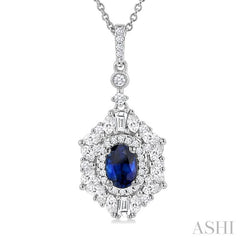 7x5 MM Oval Cut Sapphire and 1 Ctw Marquise, Baguette & Round Cut Diamond Halo Precious Pendant With Chain in 14K white Gold