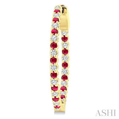 1.6 MM Round Shape Ruby and 1/2 Ctw Round Cut Diamond Inside & Outside Alternating Precious Hoop Earrings in 14K Yellow Gold