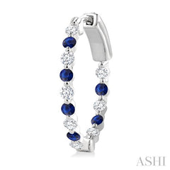 2 MM Round Cut Sapphire and 1/2 Ctw Round Cut Diamond Precious Inside-Out Alternating Hoop Earrings in 14K White Gold