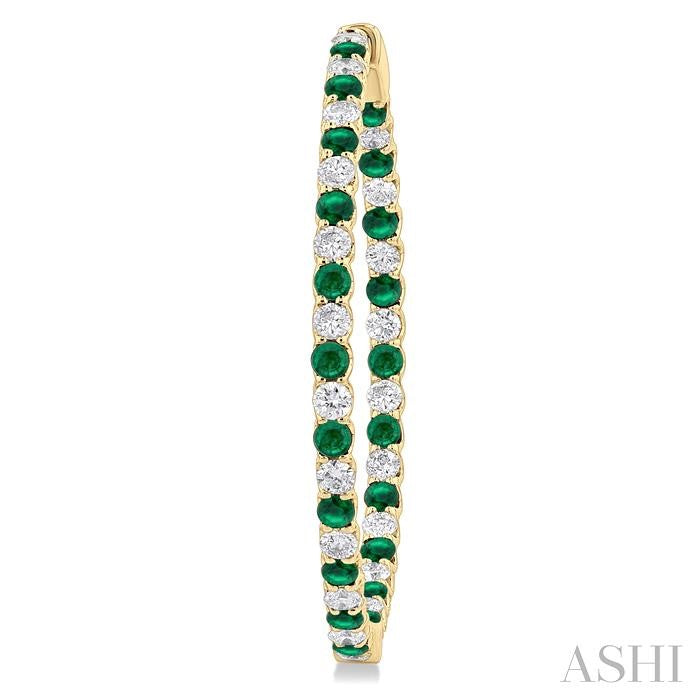 2.5 MM Round Cut Emerald and 2 1/2 Ctw Round Cut Diamond Precious Inside-Out Alternating Hoop Earrings in 14K Yellow Gold