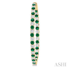 2.5 MM Round Cut Emerald and 2 1/2 Ctw Round Cut Diamond Precious Inside-Out Alternating Hoop Earrings in 14K Yellow Gold