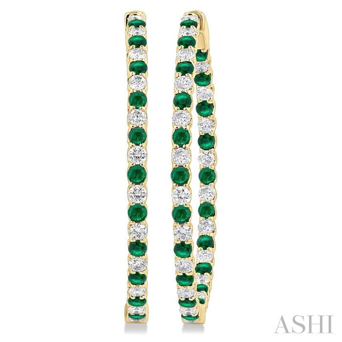2.5 MM Round Cut Emerald and 2 1/2 Ctw Round Cut Diamond Precious Inside-Out Alternating Hoop Earrings in 14K Yellow Gold