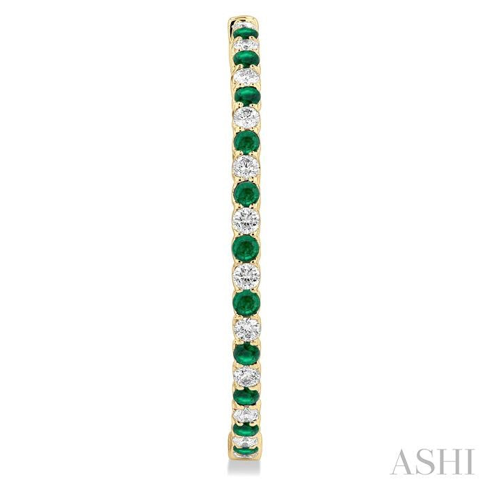 2.5 MM Round Cut Emerald and 2 1/2 Ctw Round Cut Diamond Precious Inside-Out Alternating Hoop Earrings in 14K Yellow Gold