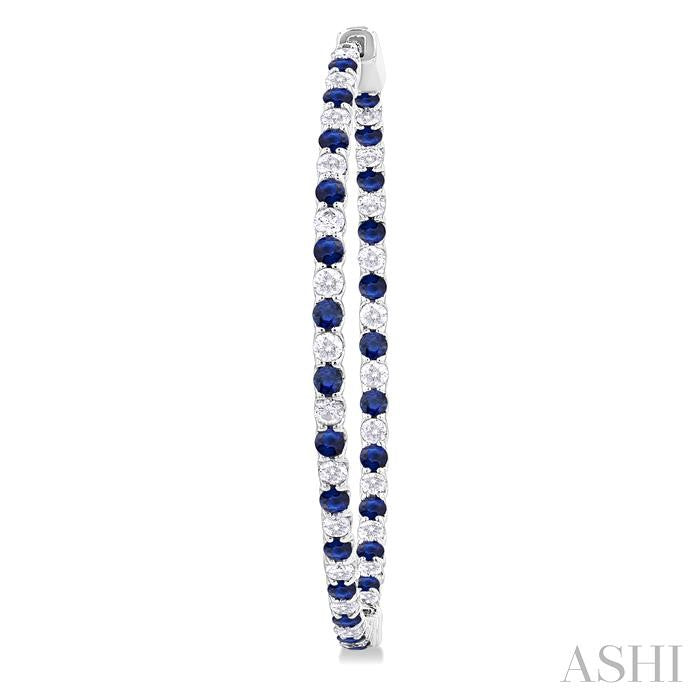1.9 MM Round Cut Sapphire and 1 1/2 Ctw Round Cut Diamond Precious Inside-Out Alternating Hoop Earrings in 14K White Gold