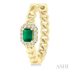 4X3 MM Curb Chain Inspired Octagonal Centerpiece Emerald and 1/6 Ctw Round Cut Diamond Precious Fashion Hoop Earring in 10K Yellow Gold
