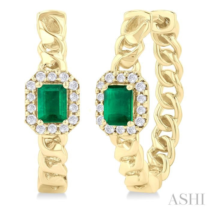 4X3 MM Curb Chain Inspired Octagonal Centerpiece Emerald and 1/6 Ctw Round Cut Diamond Precious Fashion Hoop Earring in 10K Yellow Gold