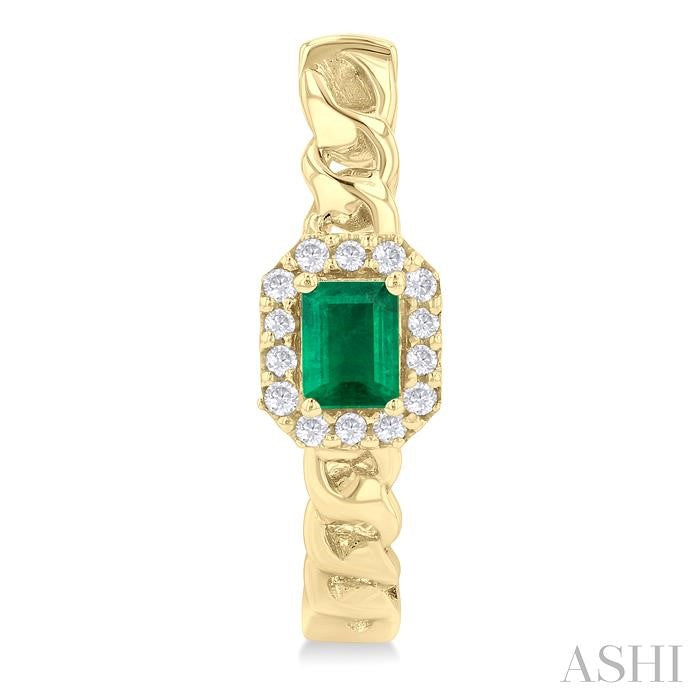4X3 MM Curb Chain Inspired Octagonal Centerpiece Emerald and 1/6 Ctw Round Cut Diamond Precious Fashion Hoop Earring in 10K Yellow Gold