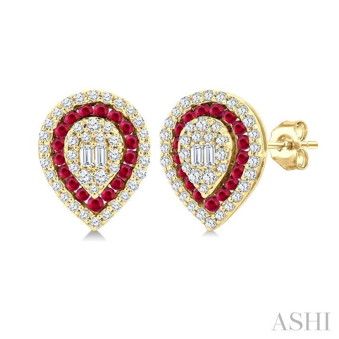 1/3 Ctw Pear Shape 1.25MM & 1.00MM Round Cut Ruby, Baguette and Round Cut Diamond Fusion Precious Stud Earring in 14K Yellow Gold