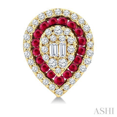 1/3 Ctw Pear Shape 1.25MM & 1.00MM Round Cut Ruby, Baguette and Round Cut Diamond Fusion Precious Stud Earring in 14K Yellow Gold