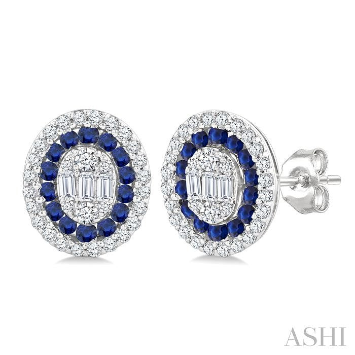 1/3 Ctw Oval Shape 1.35MM Round Cut Sapphire, Baguette and Round Cut Diamond Precious Fusion Fashion Stud Earring in 14K White Gold