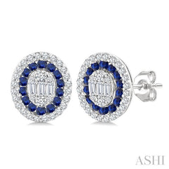 1/3 Ctw Oval Shape 1.35MM Round Cut Sapphire, Baguette and Round Cut Diamond Precious Fusion Fashion Stud Earring in 14K White Gold