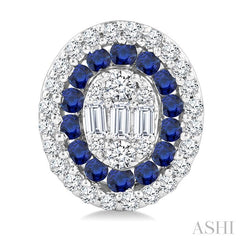 1/3 Ctw Oval Shape 1.35MM Round Cut Sapphire, Baguette and Round Cut Diamond Precious Fusion Fashion Stud Earring in 14K White Gold