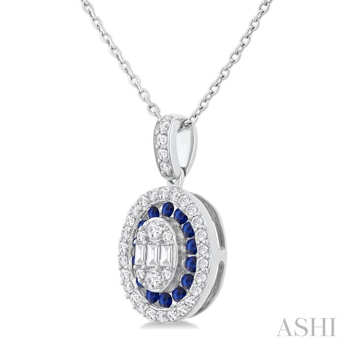 1.25 MM Oval Shape Sapphire and 1/4 Ctw Baguette and Round Cut Diamond Precious Pendant With Chain in 14K White Gold