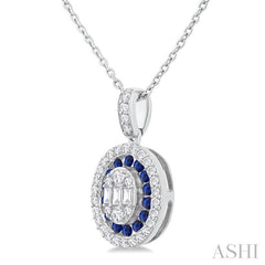 1.25 MM Oval Shape Sapphire and 1/4 Ctw Baguette and Round Cut Diamond Precious Pendant With Chain in 14K White Gold