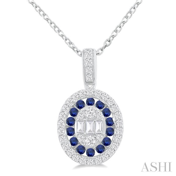 1.25 MM Oval Shape Sapphire and 1/4 Ctw Baguette and Round Cut Diamond Precious Pendant With Chain in 14K White Gold