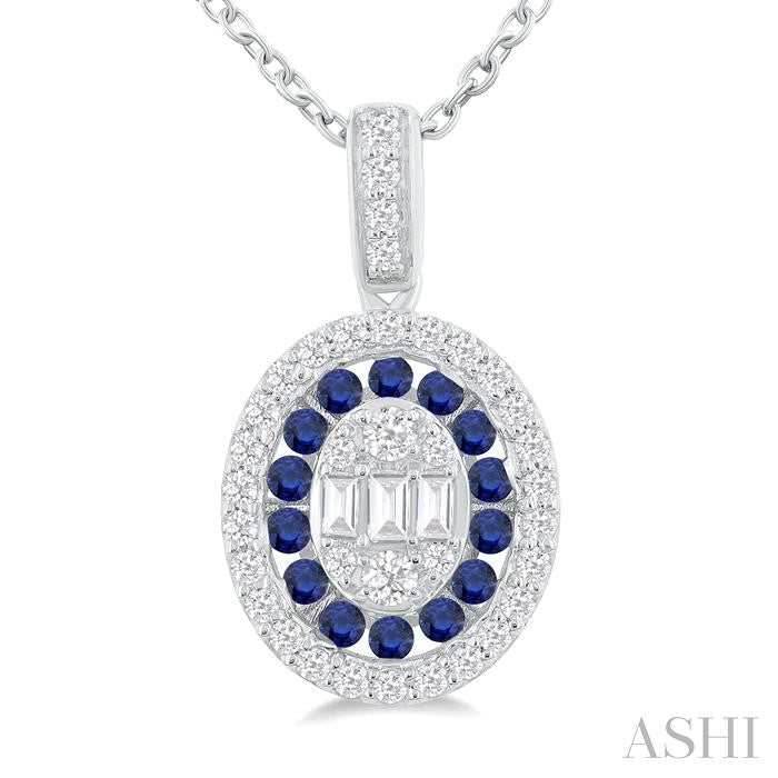 1.25 MM Oval Shape Sapphire and 1/4 Ctw Baguette and Round Cut Diamond Precious Pendant With Chain in 14K White Gold