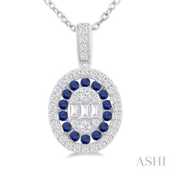 1.25 MM Oval Shape Sapphire and 1/4 Ctw Baguette and Round Cut Diamond Precious Pendant With Chain in 14K White Gold