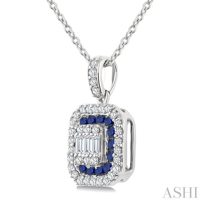 1/4 Ctw Octagonal Shape 1.45MM Round Cut Sapphire, Baguette and Round Cut Diamond Precious Fusion Pendant With Chain in 14K White Gold
