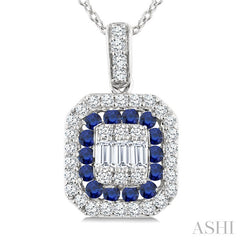 1/4 Ctw Octagonal Shape 1.45MM Round Cut Sapphire, Baguette and Round Cut Diamond Precious Fusion Pendant With Chain in 14K White Gold