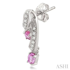 4x3 MM Oval Cut Pink Sapphire and 1/5 Ctw Round Cut Diamond Precious Earrings in 14K White Gold