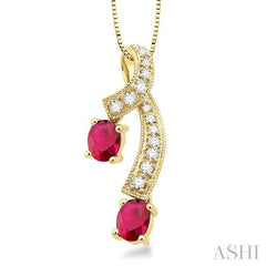 5x4 MM Oval Cut Ruby and 1/6 Ctw Round Cut Diamond Precious Pendant in 14K Yellow Gold with Chain