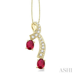 5x4 MM Oval Cut Ruby and 1/6 Ctw Round Cut Diamond Precious Pendant in 14K Yellow Gold with Chain