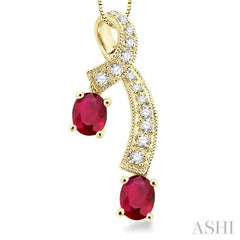5x4 MM Oval Cut Ruby and 1/6 Ctw Round Cut Diamond Precious Pendant in 14K Yellow Gold with Chain