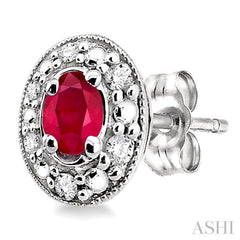 4x3 MM Oval Shaped Ruby and 1/10 Ctw Round Cut Diamond Earrings in 14K White Gold