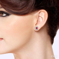 4x3 MM Oval Shaped Ruby and 1/10 Ctw Round Cut Diamond Earrings in 14K White Gold