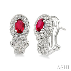 6x4 MM Oval Cut Ruby and 1 Ctw Round Cut Diamond Precious Earrings in 14K White Gold