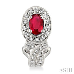 6x4 MM Oval Cut Ruby and 1 Ctw Round Cut Diamond Precious Earrings in 14K White Gold