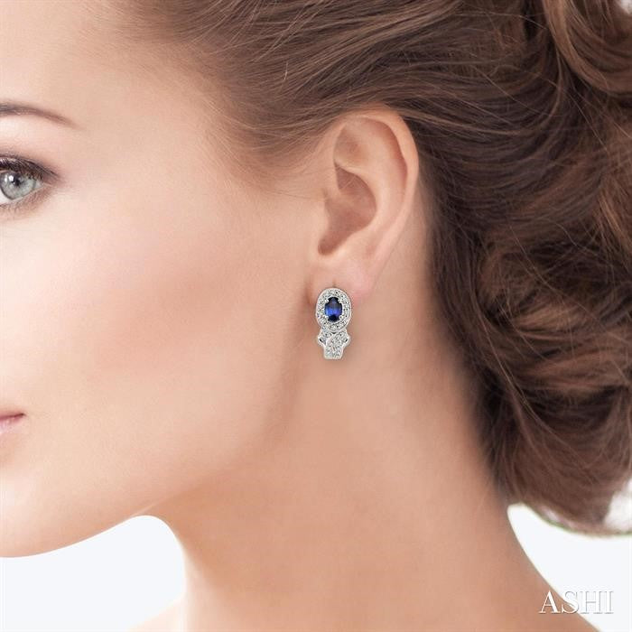 6x4 MM Oval Cut Sapphire and 1 Ctw Round Cut Diamond Precious Earrings in 14K White Gold