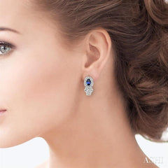 6x4 MM Oval Cut Sapphire and 1 Ctw Round Cut Diamond Precious Earrings in 14K White Gold