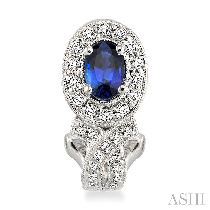 6x4 MM Oval Cut Sapphire and 1 Ctw Round Cut Diamond Precious Earrings in 14K White Gold