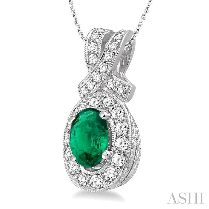7x5 MM Oval Cut Emerald and 5/8 Ctw Round Cut Diamond Precious Pendant in 14K White Gold with chain