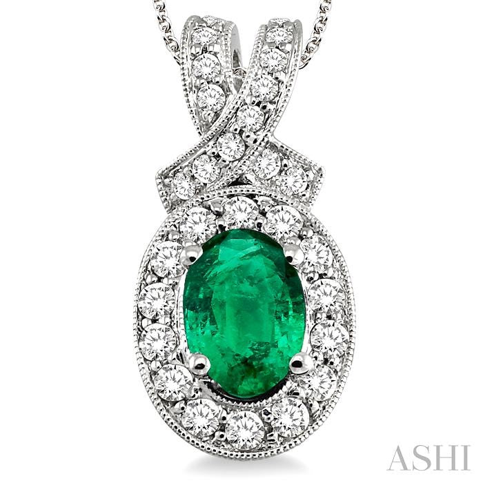 7x5 MM Oval Cut Emerald and 5/8 Ctw Round Cut Diamond Precious Pendant in 14K White Gold with chain