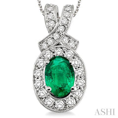 7x5 MM Oval Cut Emerald and 5/8 Ctw Round Cut Diamond Precious Pendant in 14K White Gold with chain