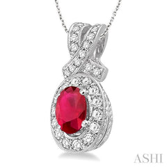 7x5 MM Oval Cut Ruby and 5/8 Ctw Round Cut Diamond Precious Pendant in 14K White Gold with chain