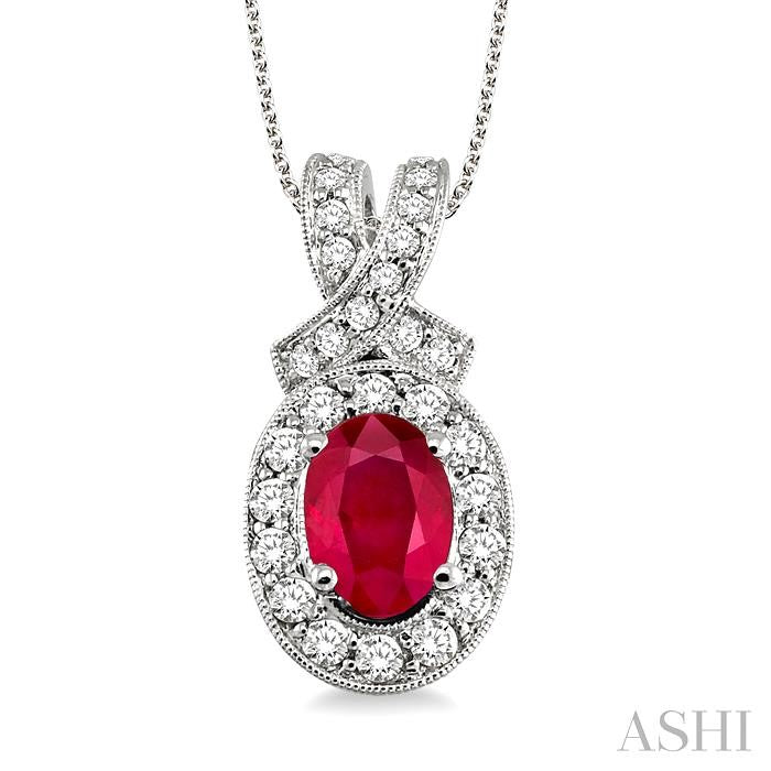 7x5 MM Oval Cut Ruby and 5/8 Ctw Round Cut Diamond Precious Pendant in 14K White Gold with chain