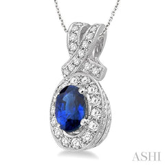 7x5 MM Oval Cut Sapphire and 5/8 Ctw Round Cut Diamond Precious Pendant in 14K White Gold with chain
