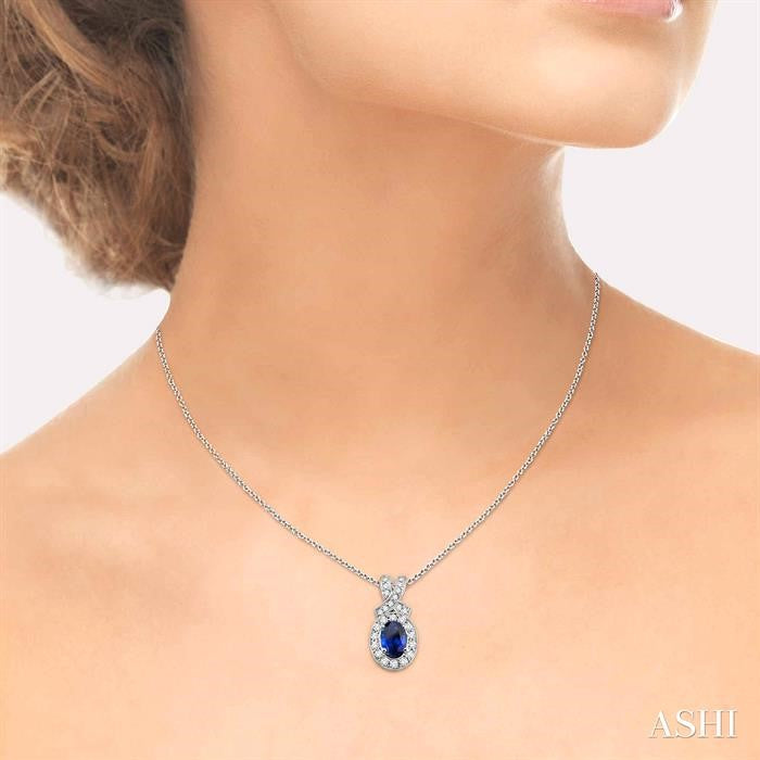 7x5 MM Oval Cut Sapphire and 5/8 Ctw Round Cut Diamond Precious Pendant in 14K White Gold with chain