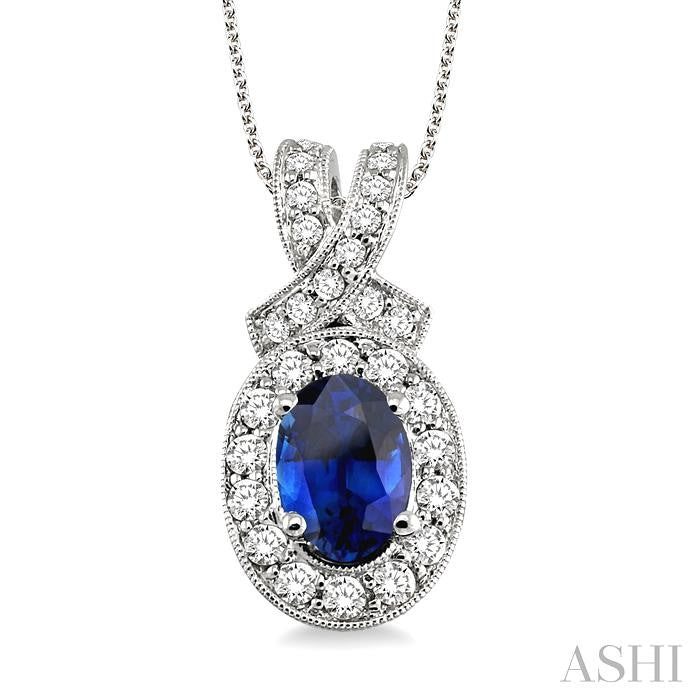 7x5 MM Oval Cut Sapphire and 5/8 Ctw Round Cut Diamond Precious Pendant in 14K White Gold with chain
