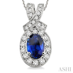 7x5 MM Oval Cut Sapphire and 5/8 Ctw Round Cut Diamond Precious Pendant in 14K White Gold with chain