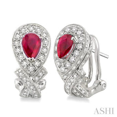 6x4 MM Pear Shape Ruby and 1 Ctw Round Cut Diamond Precious Earrings in 14K White Gold