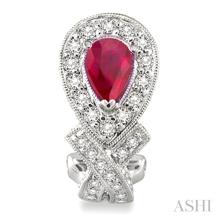 6x4 MM Pear Shape Ruby and 1 Ctw Round Cut Diamond Precious Earrings in 14K White Gold