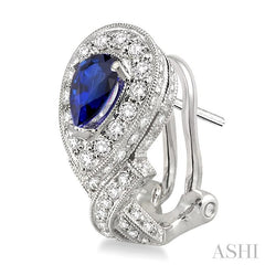 6x4 MM Pear Shape Sapphire and 1 Ctw Round Cut Diamond Precious Earrings in 14K White Gold