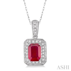 6x4 MM Emerald Shape Ruby and 1/5 Ctw Round Cut Diamond Pendant in 14K White Gold with Chain
