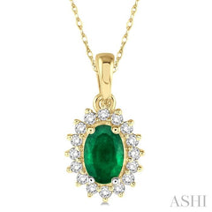 6x4 MM Oval Cut Emerald Center Sunflower and 1/8 Ctw Round Cut Diamond Precious Pendant in 10K Yellow Gold with chain