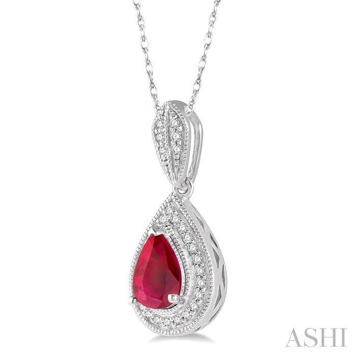 6x4 MM Pear Shape Ruby and 1/10 Ctw Round Cut Diamond Precious Pendant With Chain in 10K White Gold